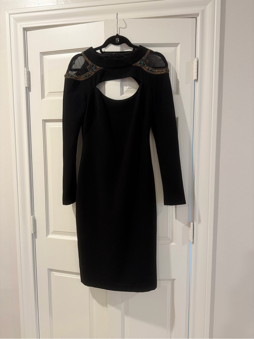 Badgley Mischka Black Long-Sleeve Cutout Dress with Beaded Yoke